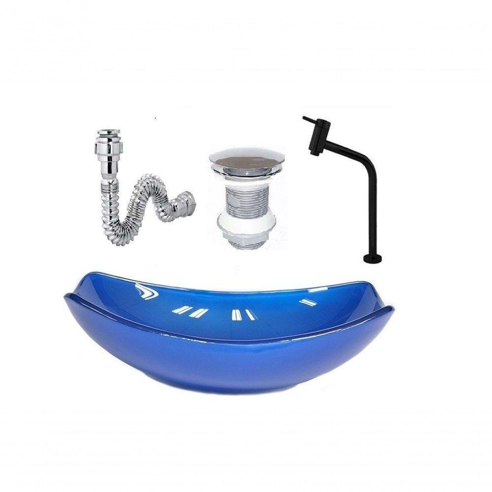 Cuba de Vidro Oval Chanfrada 46cm Azul Escuro + Valvula + Torneira Metal Preta + Sifao - 1
