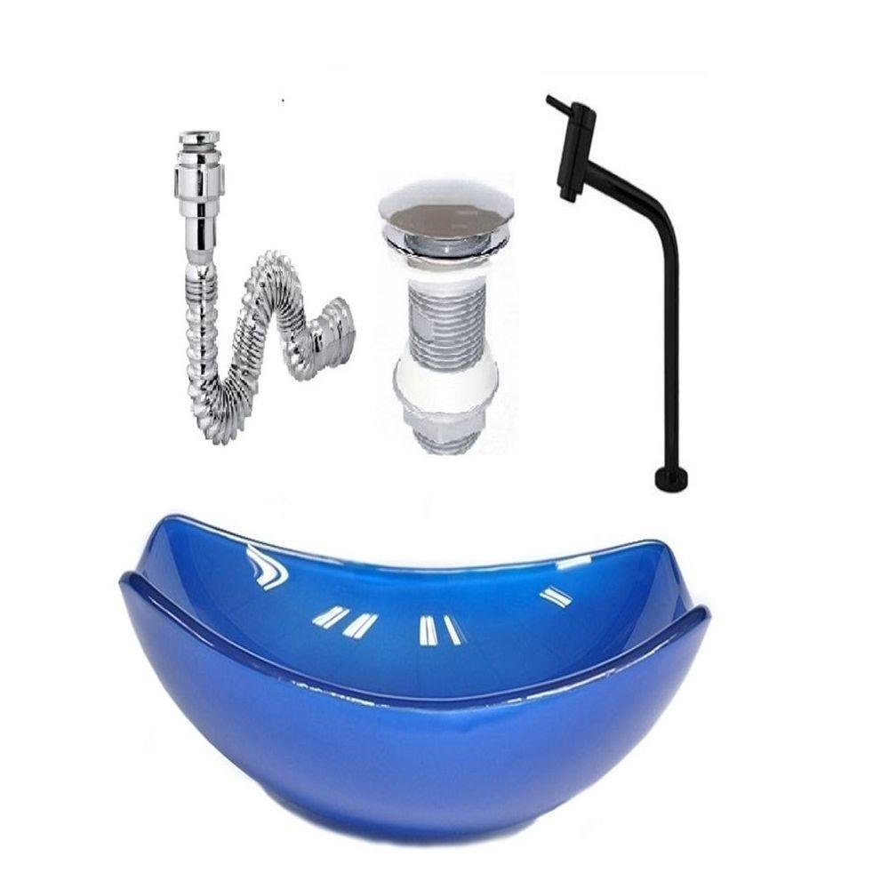Cuba de Vidro Oval Chanfrada 46cm Azul Escuro + Valvula + Torneira Metal Preta + Sifao - 10