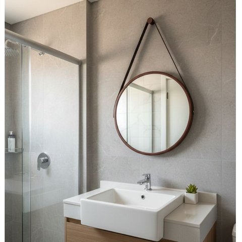 Espelho Redondo Adnet Decorativo Suspenso com Alça 60cm + Suporte Marrom com Alça Preta