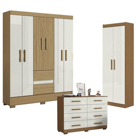 Guarda Roupa Casal Coimbra 2005138 com Armário Multiuso New 2000191 e Cômoda 2014148 Atacama Off Whi