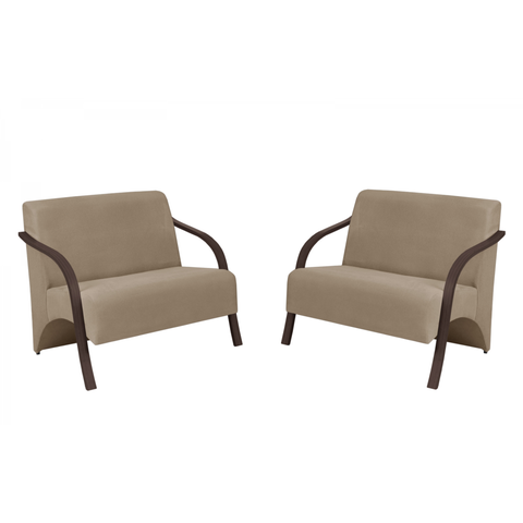 Kit 2 Poltronas Namoradeira 2 Lugares Vênus D Salla Suede Braço Madeira Cappuccino