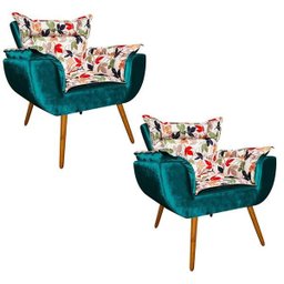 Kit 2 Poltronas Decorativas Odisseia Composê Acetinado Azul com Estampado Folhas D67 - D'Rossi - 1 Kit 2 Poltronas Decorativas Odisseia Composê Acetinado Azul com Estampado Folhas D67 - D'Rossi - 1