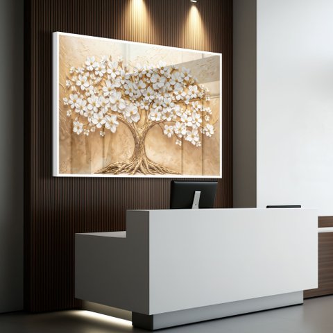 Quadro Decorativo Árvore com Flores Brancas Sala Quarto Casa Escritório