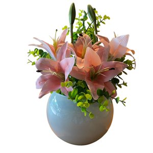 Arranjo Centro de Mesa Lírio Rosa Completo Artificial Vaso Branco Decore Fácil Shop