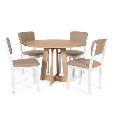 Mesa de Jantar Redonda Montreal Jade com 4 Cadeiras Estofadas Ella Branco/marrom Claro