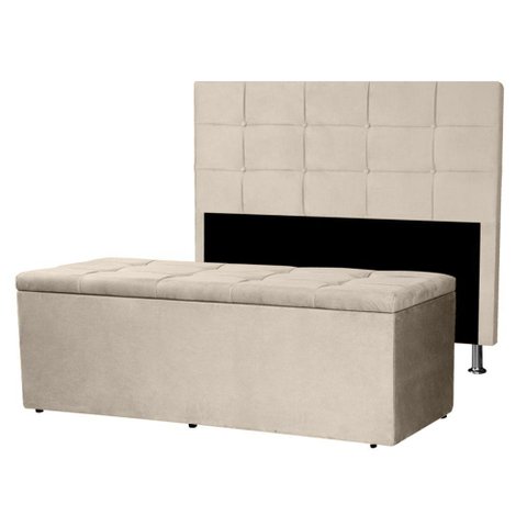 Kit Cabeceira e Calçadeira Baú Queen 1,60m Roma Suede Bege - Pallazio