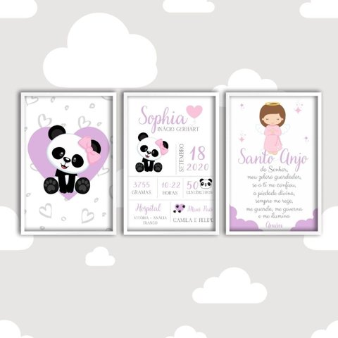 Kit 3 Quadros Decorativos - Panda:preta