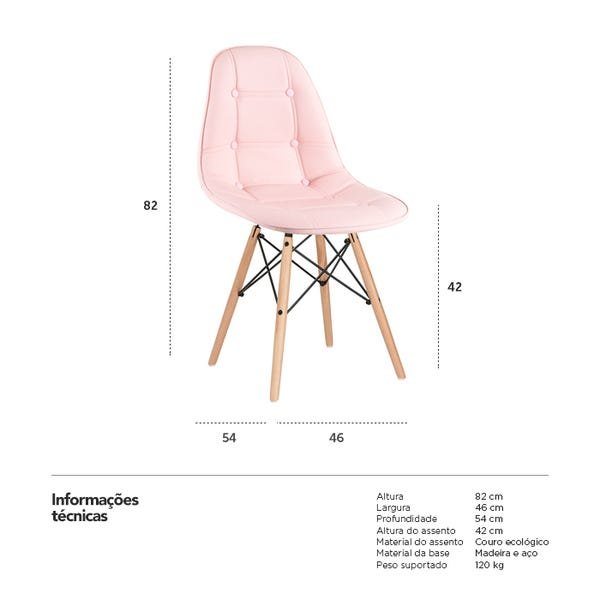 Cadeira Estofada Eames Botonê - Eiffel - Rosa - Madeira Clara - 6