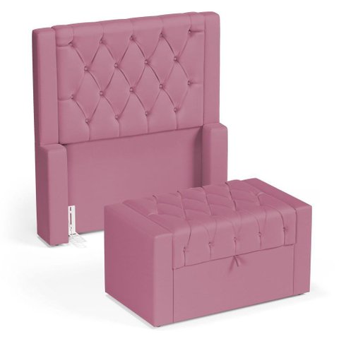 Cabeceira e Calçadeira Báu Solteiro Atena 90cm Capitonê Suede Rosa - Desk Design