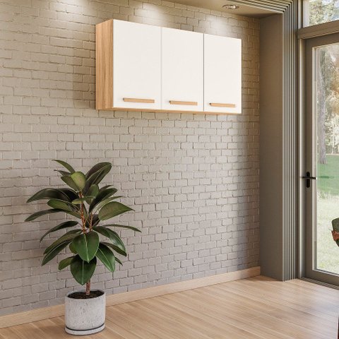 Armário de Cozinha Compacta Aéreo Suspenso 120cm Intenza 03 Portas Freijó Off White Nicioli