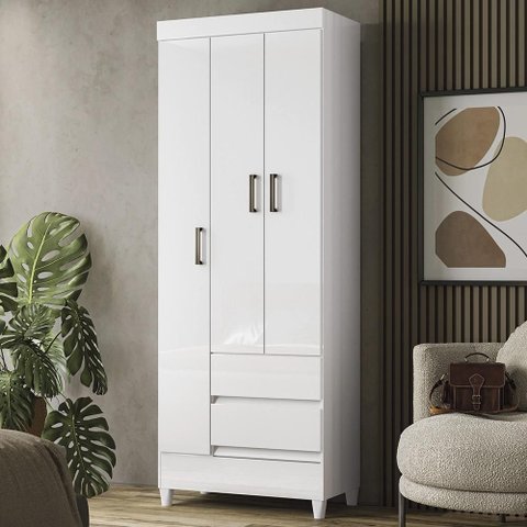 Guarda Roupa Solteiro 70cm 3 Portas 2 Gavetas Thales Branco S01 - Mpozenato