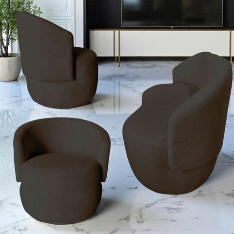 Kit Namoradeira + 2 Poltronas Decorativa Beatriz Orgânica Veludo Marrom