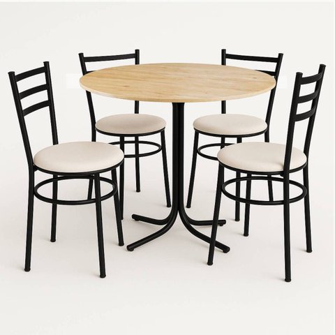 Mesa de Jantar Redonda 80cm Pinus com 4 Cadeiras Estofada Preta