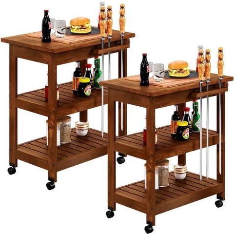 Kit 02 Carrinho de Churrasco Grade Mesa Tábua de Cortes Home W02 Madeira Maciça Imbuia