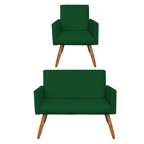 Kit Poltrona e Namoradeira Nina Veludo Pés Palito Castanho - Pallazio - Verde
