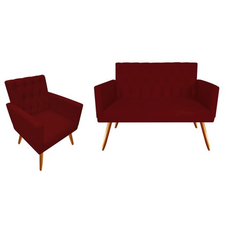 Kit Namoradeira + 1 Poltrona Decorativa Nina Capitonê Suede Marsala Pés Madeira Mz Decor