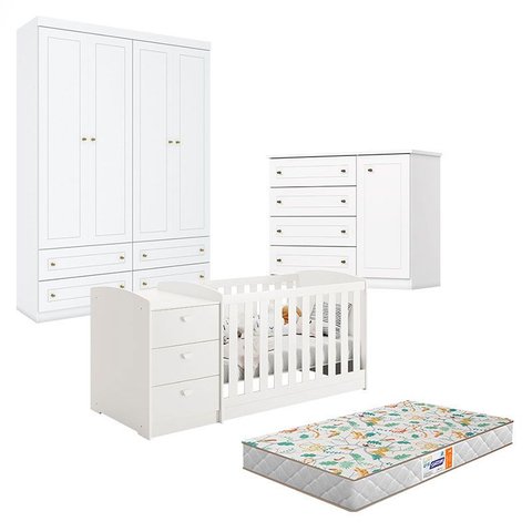 Quarto Infantil Americano 4 Portas e Berço Multifuncional Atlanta Branco Fosco com Colchão Gazin - R