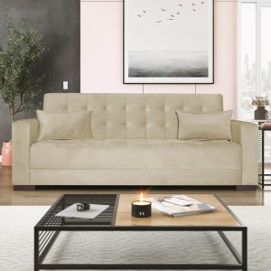 Sofá Cama 3 Lugares Jobim Linho Bege - ADJ Decor