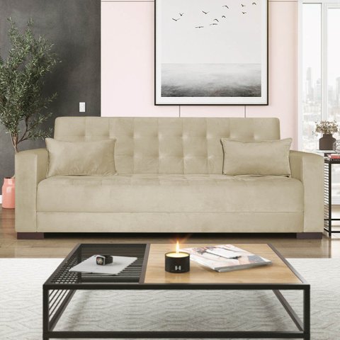 Sofá Cama 3 Lugares Jobim Linho Bege - ADJ Decor
