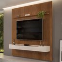 Ver imagem 2 de Painel para Tv 75 Pol Ripado com Bancada Suspensa 275x240cm Pratisk D04 Freijó/off White - Mpozenato