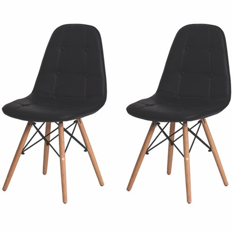 Conjunto Kit 2 Cadeiras Estofadas Charles Eames Botonê Preto com Base Madeira