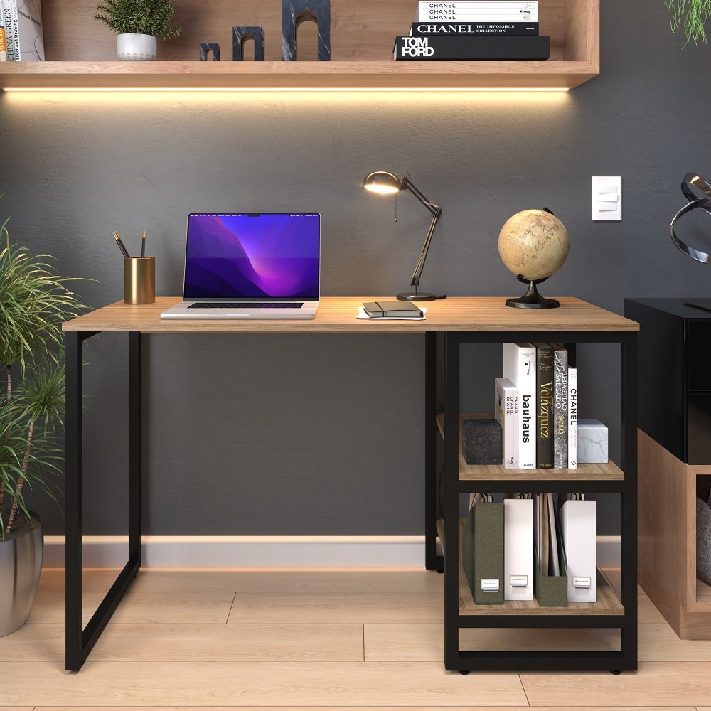 Escrivaninha Mesa para Escritório c/ 2 Prateleiras Home Office Modelo Strata Lâmina Com Preto
