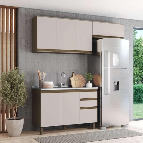 Cozinha Compacta 3 Peças com Aéreo Americana 7 Portas MDF 200cm Marrom Móveis Henn