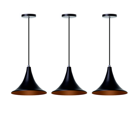 kit 3 Lustre Pendente Interno Balcão Chapéu Chines 23cm: Preto com Cobre