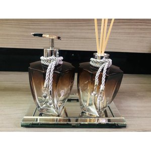 Kit Banheiro Marrom Prata Aromatizador Saboneteira Bandeja