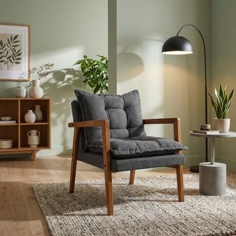 Poltrona Confortável Sala de Estar Design Elegante Estrutura Madeira Estofado Bouclê Sofisticado