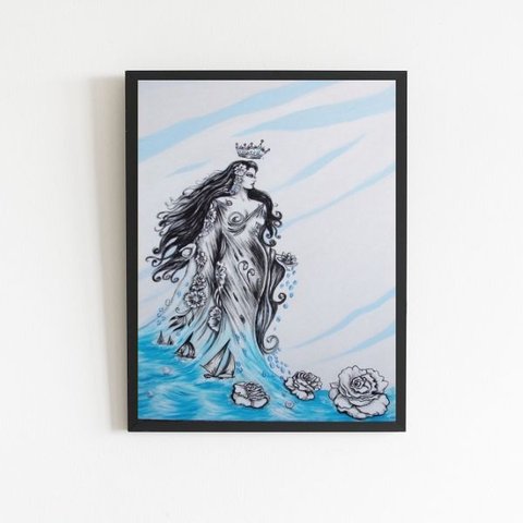 Quadro Umbanda Figura Iemanjá 45x34cm - com Vidro:madeira Preta