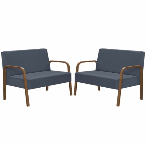 Kit Poltrona Decorativa 2 Namoradeiras de 2 Lugares Jade Braço Madeira D Salla Suede Azul Bic