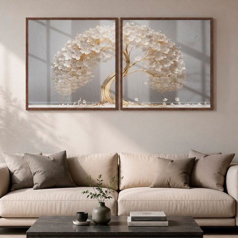 Quadro Decorativo Árvore de Ouro Das Flores Brancas Moldura Premium:Moldura Ype/50x50 com Vidro Acrí