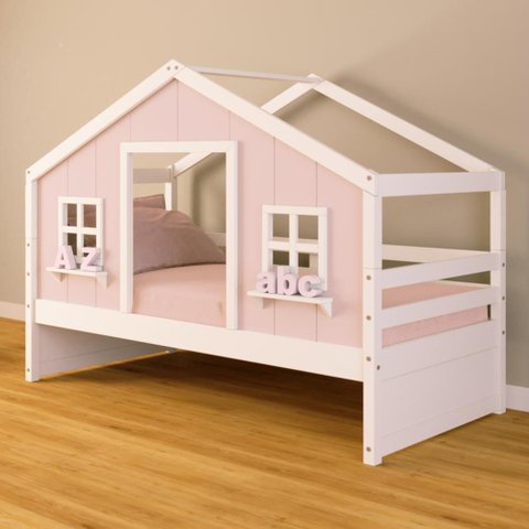 Cama Casinha Dos Sonhos Madeira Maciça Rosa/ Branco Housin