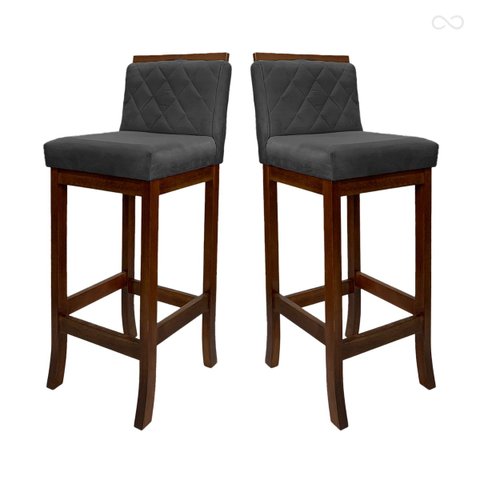 Kit 2 Banquetas Média com Encosto Matelassê Nice Madeira Maciça Suede Cinza CCS