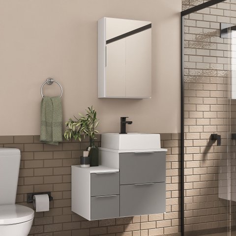 Conjunto Gabinete Banheiro Nivus 60cm (armário + Cuba + Espelheira) Branco / Cinza