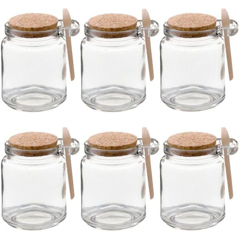 Kit 6 Pote Vidro Borossilicato 240ml Colher de Madeira Rolha