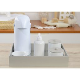 Kit Higiene Porcelana Bebê Maternidade + Bandeja + Térmica 500ml K064 Cinza - 1