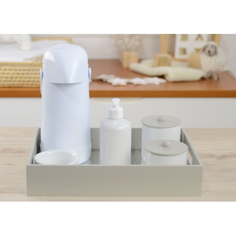 Kit Higiene Porcelana Bebê Maternidade + Bandeja + Térmica 500ml K064 Cinza