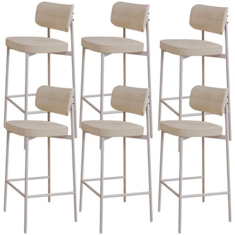 Kit 06 Banquetas Alta Bar Cozinha Sala de Jantar Aço Branco Kaira C01 Linho Areia - Lyam Decor