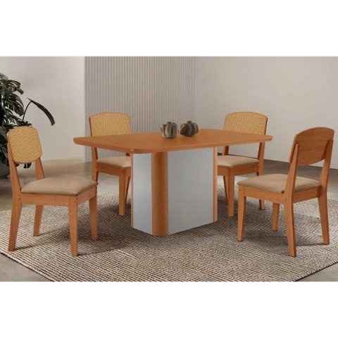 Conjunto: Mesa de Cozinha Pietá Tampo Curvo 120cm+4 Cadeiras Havana Naturale/off White - Linho Bege