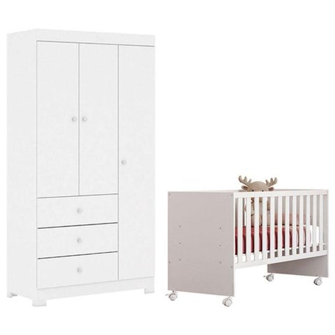 Berço Nacional Doce Sonho 3540 com Guarda Roupa Duda 3 Portas Branco Brilho