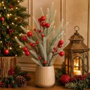 Ver imagem 3 de Galho Decorativo Natalino Pinheiro Nevado com Azevinhos Vermelhos Luxo 65cm - Mundial Casa