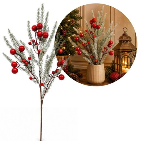 Galho Decorativo Natalino Pinheiro Nevado com Azevinhos Vermelhos Luxo 65cm - Mundial Casa