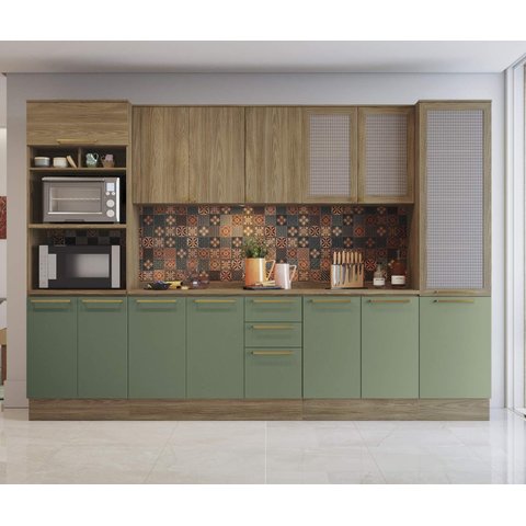 Armário de Cozinha Modulada Completa Reta 8 Peças 3,20m Botanic Kappesberg - Nogueira/Verde Oliva