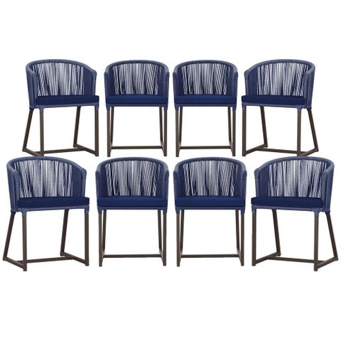 8 Cadeiras de Jantar Área Noronha em Alumínio com Pintura Marrom Corda Náutica Estofado 10 Trama Ori