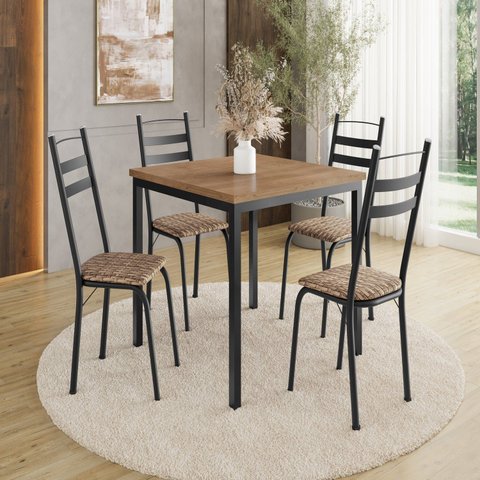 Conjunto Sala de Jantar Mesa Quadrada 90cm Tampo BP com 4 Cadeiras Adriana Preto/Rattan/Demolição