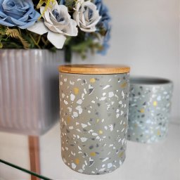 Pote Decorativo Porcelana Granulado Cinza Tampa Bambu 13cm - 3