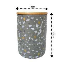 Pote Decorativo Porcelana Granulado Cinza Tampa Bambu 13cm - 5