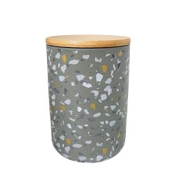 Pote Decorativo Porcelana Granulado Cinza Tampa Bambu 13cm - 1